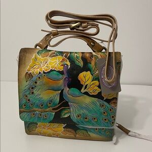 Sharif 1827 Elegant Gold and Green Crossbody Bag with Peacock Design